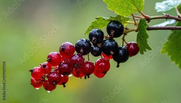 Fototapeta Vibrant Close-Up of Mixed Black and Red Berries on a Branch Against a Green Backdrop