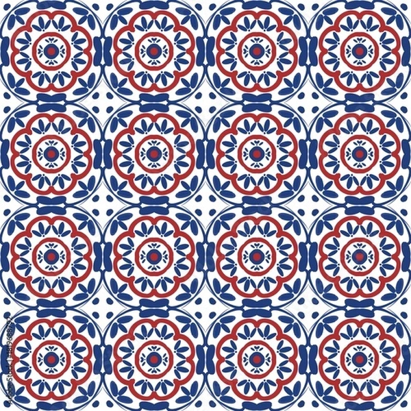 Obraz Seamless fabric pattern, Bohemian,  white, geometric, antique, native american, blue background