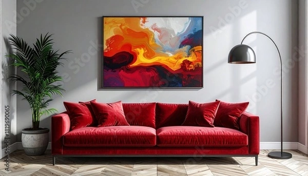 Fototapeta Elegant Living Room Interior Design with Abstract Art, a Red Sofa, and a Modern Lamp Design