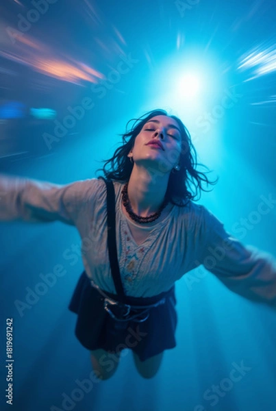 Fototapeta Woman Levitating in Surreal Blue Luminous Tunnel