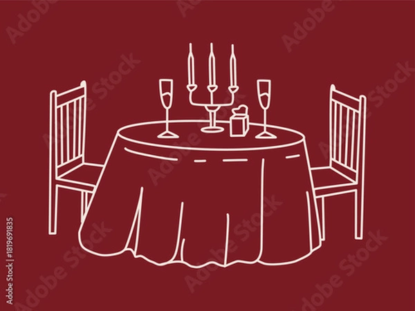 Fototapeta Vector doodle illustration of a dining table with a tablecloth, chairs, glasses, and a candlestick. A setting for lunch or a date at a cafe.