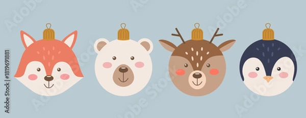 Fototapeta Cute vector Christmas baubles set with animals, white bear, penguin, reindeer and fox. Holiday hand drawn illustration of characters for decor in flat design.