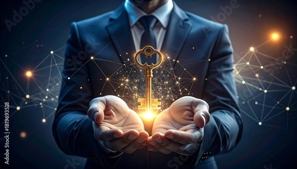 Fototapeta Business professional holding a glowing key, symbol of success, innovation, and network