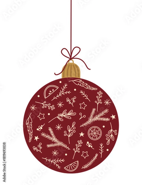 Fototapeta Christmas vector red ball with holiday decorative elements. Hand drawn design with whimsical doodle illustrations.