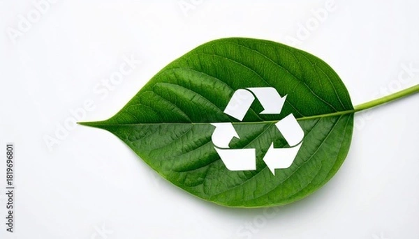 Fototapeta A Fresh Green Leaf Emblazoned with the Recycling Symbol, Environmental Concept