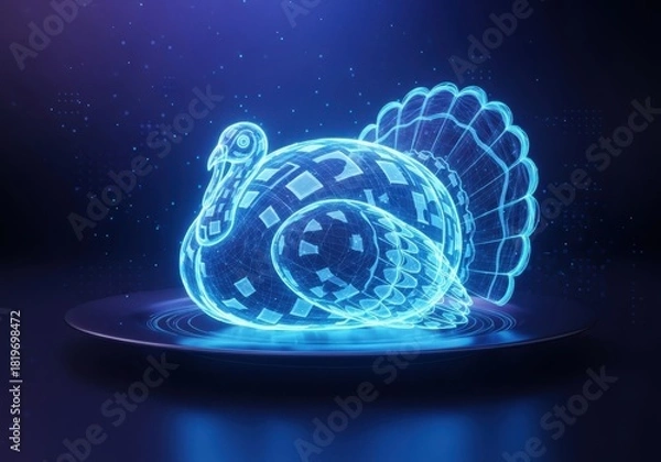 Obraz A glowing blue digital turkey rendered as a holographic wireframe on a dark background, representing futuristic holiday concepts