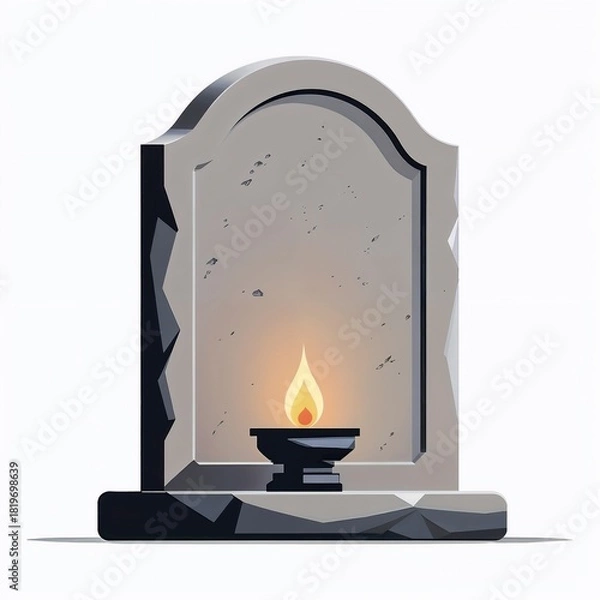 Fototapeta Stone memorial monument with burning candle in soft illustrated style, gray colors, remembrance