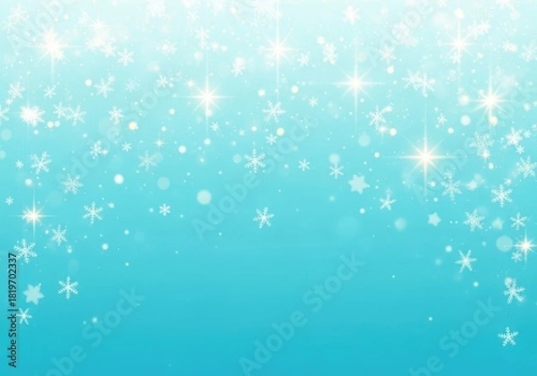 Obraz Beautiful winter background with falling snow, sparkling stars, and delicate snowflakes on a vibrant blue gradient
