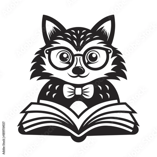 Fototapeta Stylized fox with glasses and bow tie is reading an opened book on white