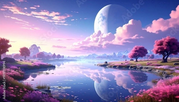 Fototapeta Enchanting cosmic lake landscape with vibrant colors, trees, and celestial reflection