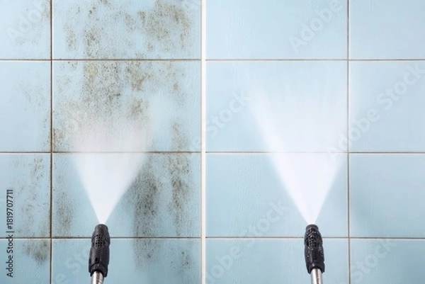 Fototapeta High-pressure water cleaning on dirty tiles demonstrating powerful washing and surface renewal