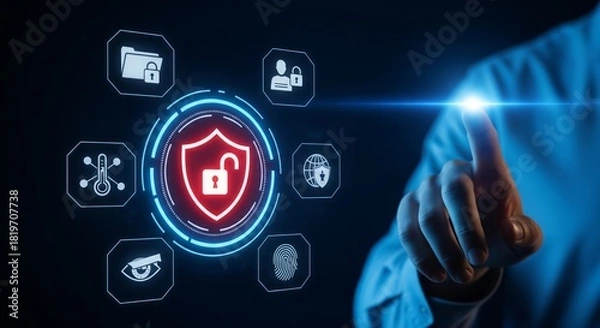 Obraz Cybersecurity Interface with Unlocked Shield and Digital Protection Icons