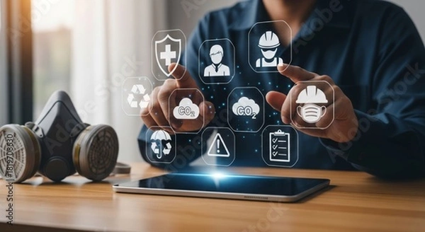 Fototapeta Digital Safety Interface with Holographic Icons Above Tablet in Workplace