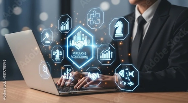 Obraz Futuristic Mergers and Acquisitions Interface with Holographic Business Icons