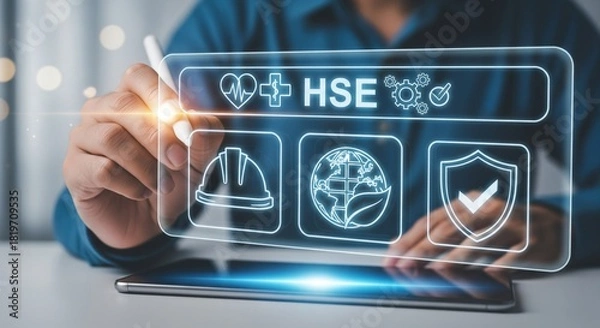 Obraz HSE Safety Management Concept with Futuristic Hologram Icons
