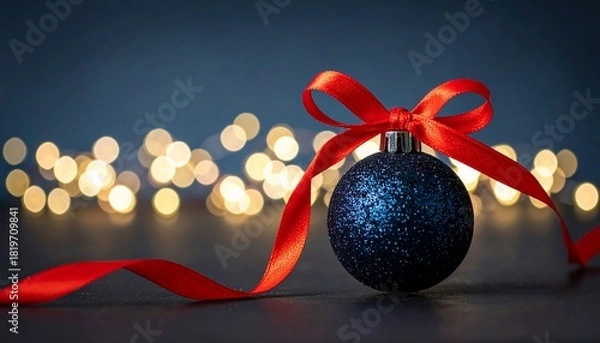 Fototapeta A glittering Christmas ornament with a vibrant red ribbon and bokeh lights background