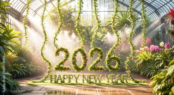 Fototapeta Vibrant 2026 happy new year message crafted from leafy vines and flowers in a bright conservatory Vector