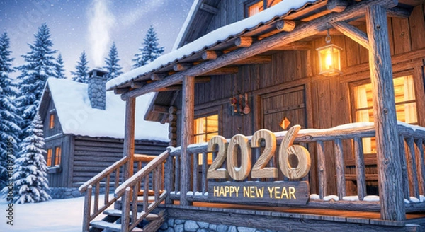 Fototapeta Winter wonderland: cozy log cabin decorated with "happy new year 2026" sign, festive celebration Vector