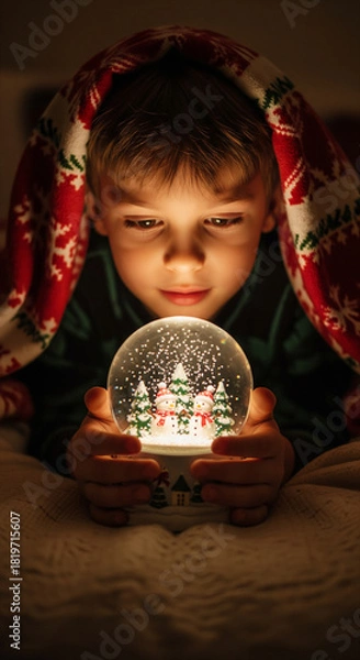 Obraz A Christmas snow globe with a snowman in the hands of a boy on Christmas Eve, a Christmas gift, magic.”