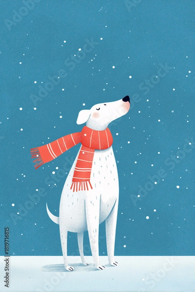 Fototapeta White dog wearing a red scarf standing in falling snow against a blue winter background
