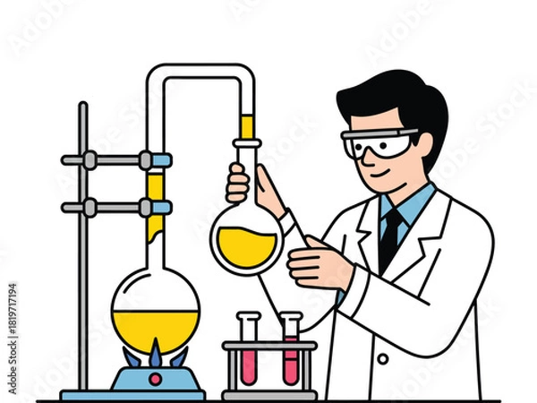 Fototapeta Scientist conducting experiment with glassware and yellow liquid