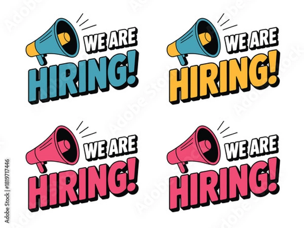 Fototapeta Four we are hiring signs with megaphones in different colors