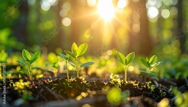 Fototapeta Sunlit sprouts emerge in forest environment, illuminated by golden beams and soft focus