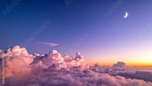 Fototapeta Celestial realm depiction: ethereal clouds, night sky, crescent moon, and twilight ambiance