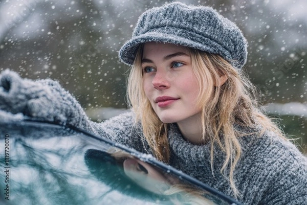 Fototapeta In a peaceful winter setting, a child is happily playing outdoors while snowflakes descend from the sky