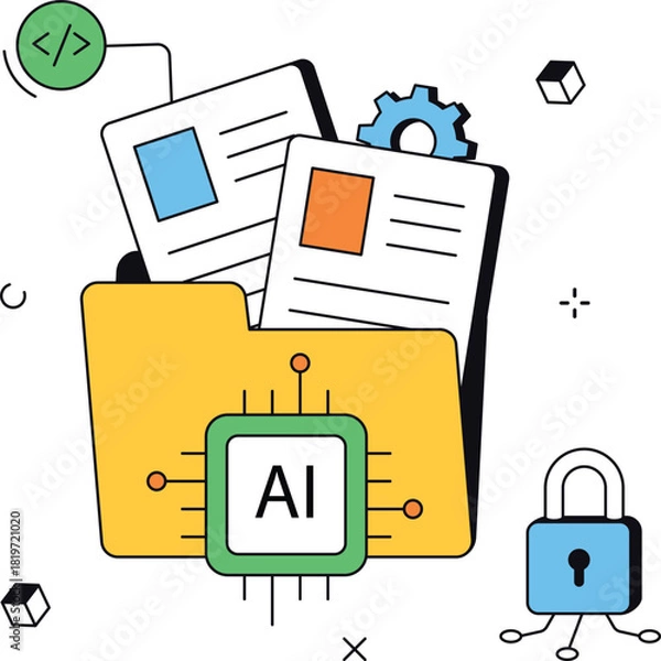 Obraz Ai data protection with folder and documents isometric flat vector illustration