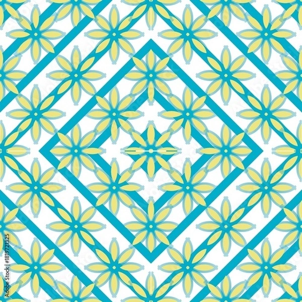 Obraz Seamless fabric pattern, Bohemian, yellow, blue, white, floral, geometric, antique, native american, cloth, black background 
