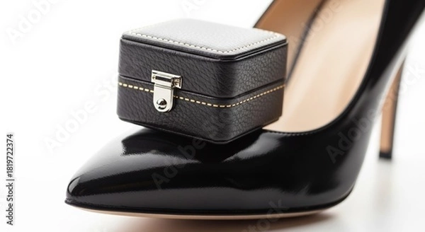 Obraz Black high heel shoe with jewelry box concept of copy space, white background  