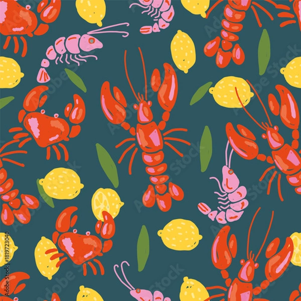 Fototapeta Seafood Pattern with Lobsters Crabs Shrimps and Lemons. Hand Drawn Mediterranean Naive Style Seamless Vector Design
