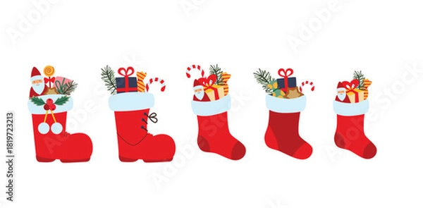 Obraz Christmas Stockings and Boots Filled with Gifts and Candy Cute Vector Set for Holiday Decorations and St Nicholas Day.