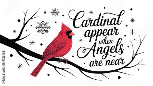 Fototapeta Vibrant red cardinal perched on a bare winter tree branch with falling snowflakes and inspirational text silhouette