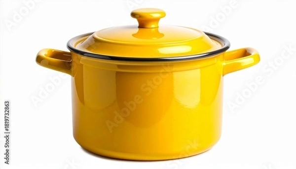 Fototapeta Bright yellow enameled cast iron Dutch oven with lid, side handles, and top knob on white background