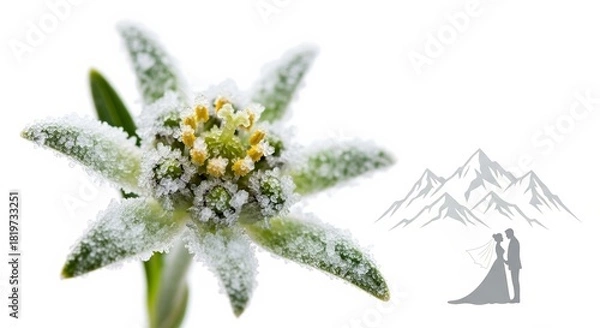 Obraz Snow-covered edelweiss flower with mountains in background, concept of copy space  
