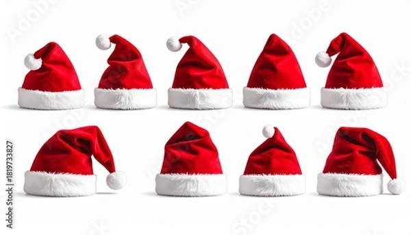 Obraz Twelve red Santa hats with white trim and pom-poms arranged in two rows on light background