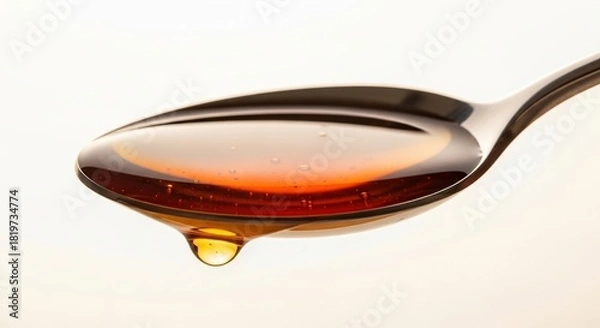 Fototapeta Liquid honey dripping from a spoon against a light backdrop  