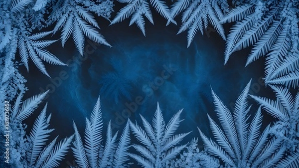 Fototapeta Beautiful ice crystals and frosty fernlike patterns forming a decorative border on a deep blue winter backdrop