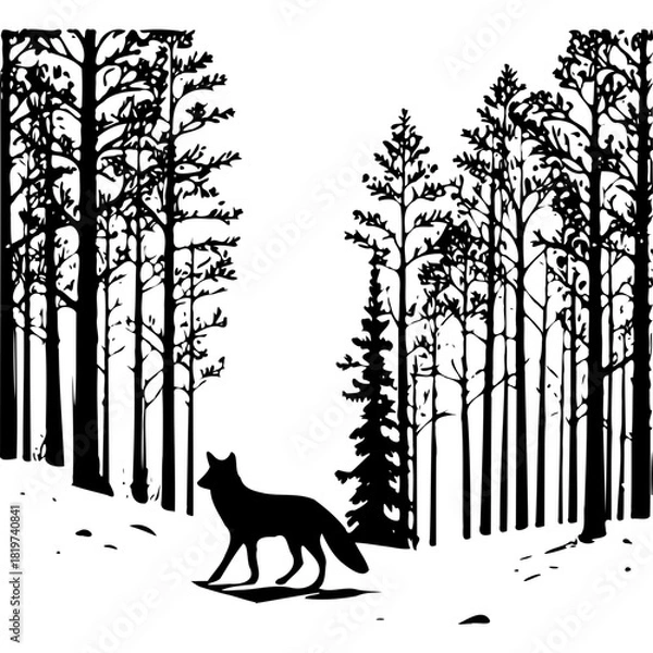 Fototapeta Silhouette of fox walking through a forest of bare trees in winter