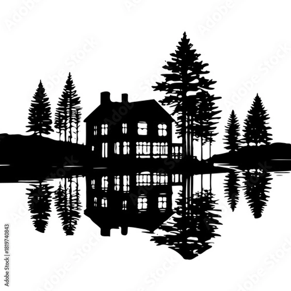Fototapeta Silhouette of a house reflected in water surrounded by pine trees