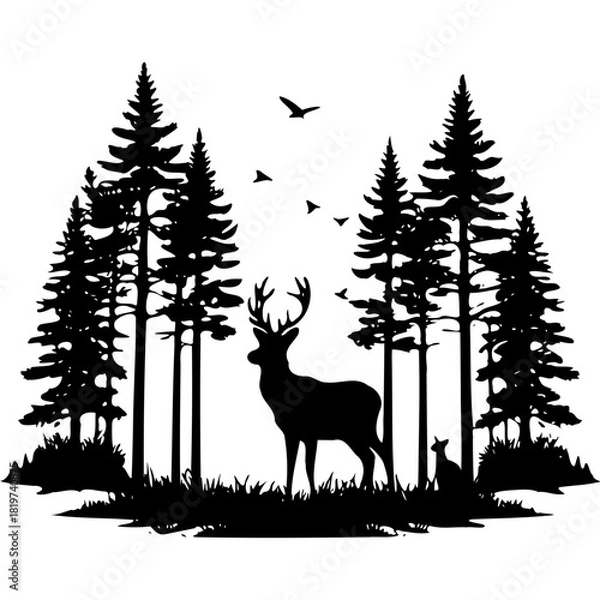 Fototapeta Silhouette of a deer standing in a forest with birds flying above