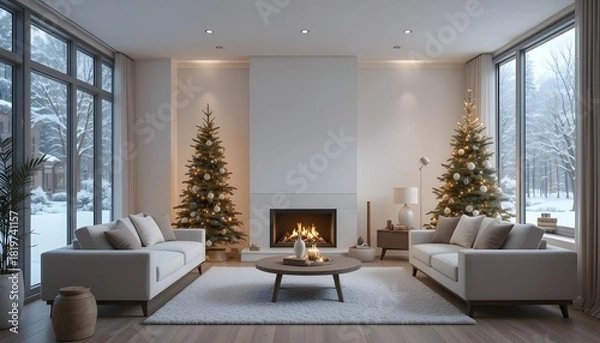 Obraz Cozy living room with christmas trees, a fireplace, and snowy winter views