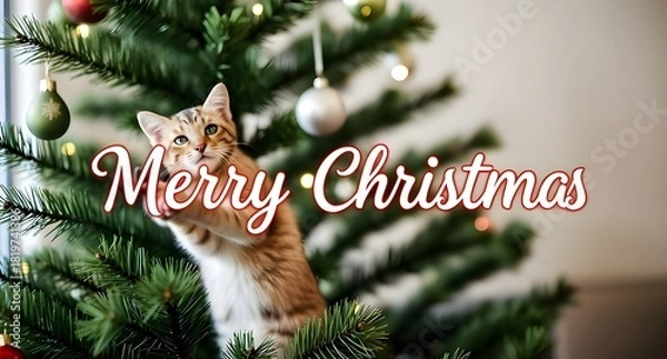 Fototapeta Merry Christmas message with a cat climbing a christmas tree in background