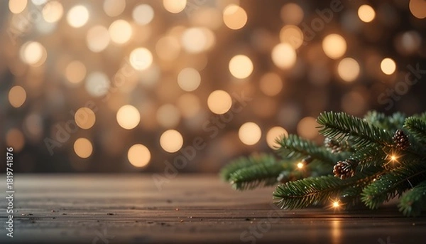 Obraz Christmas fir branch on a wooden table with warm bokeh lights in the background
