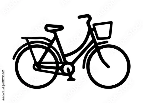 Fototapeta Classic City Bike Icon: Detailed Black Outline Vector Graphic of a Dutch-style Commuter Bicycle featuring a Front Basket, Fenders, and Rear Rack, ideal for Urban Lifestyle and Travel Designs