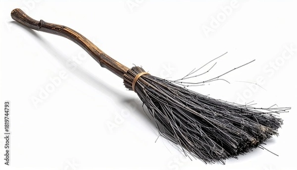 Fototapeta "Traditional twig broom with wooden handle on white background."