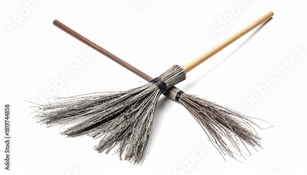 Fototapeta "Traditional twig broom with wooden handle on white background."