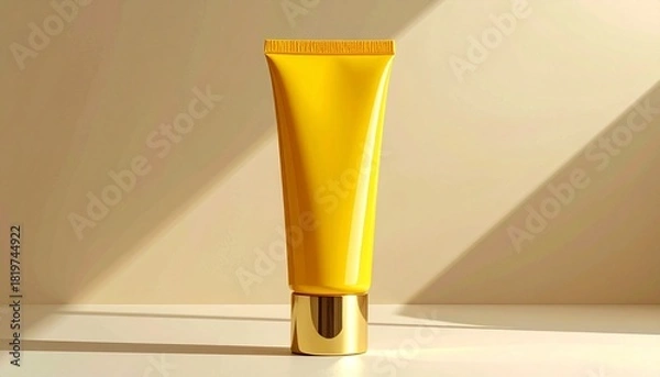 Fototapeta "Yellow cosmetic squeeze tube with gold cap on beige background and soft circular light gradient."